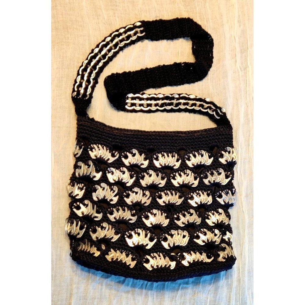 Crocheted Black Shoulder Bag Coin Purse Can-Tops Pull-Tabs Upcycled